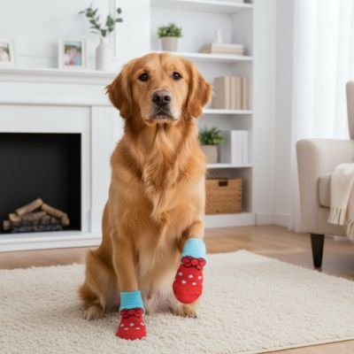 golden retriever portant Chaussette chien rouge est assis sur moquette blanche