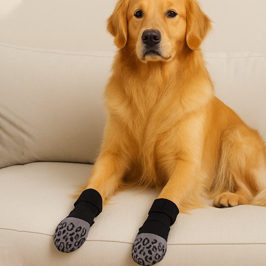 golden retriever portant Chaussette pour chien est couché sur canapé gris