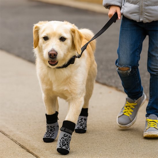 golden retriever portant Chaussette pour chien se promène avec jeune garçon