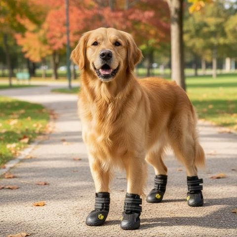 golden retriever portant Chaussure pour Chien est debout sur sentier pédestre