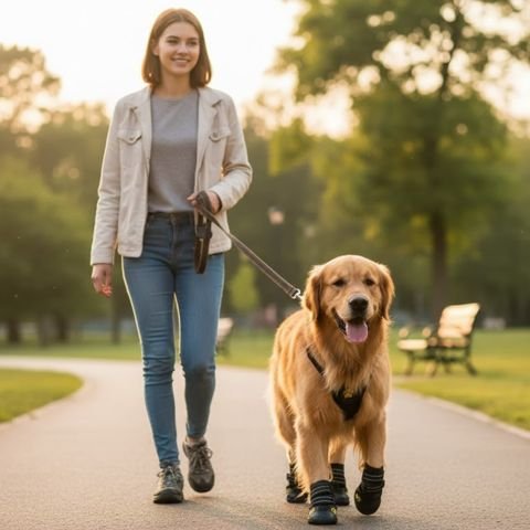 golden retriever portant Chaussure pour Chien marche sur sentier avec dame