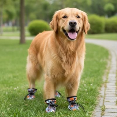 golden retriever portant Chaussures pour Chien debout sur pelouse