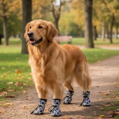 golden retriever portant Chaussures pour Chien debout sur sentier pédestre