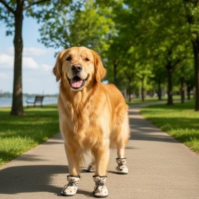 golden retriever portant Chaussures pour Chien est debout sur sentier pédestre