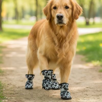 golden retriever portant Chaussures pour Chien marche sur sentier pédestre