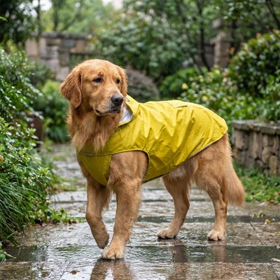 golden retriever portant Imperméable pour chien​ est debout sous pluie