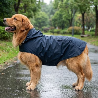 golden retriever portant Imperméable pour chien​ est debout sous pluie