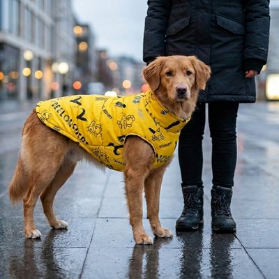 golden retriever portant Manteau chien jaune se promène en laisse dans ville avec homme