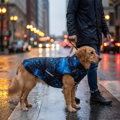 golden retriever portant Manteau chien se promène en laisse dans ville 