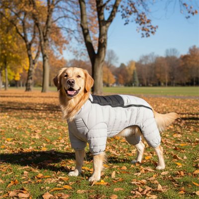 golden retriever portant Manteau pour Chien gris sur pelouse en automne