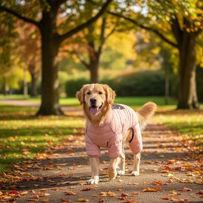 golden retriever portant Manteau pour Chien rose marche sur sentier de parc en automne