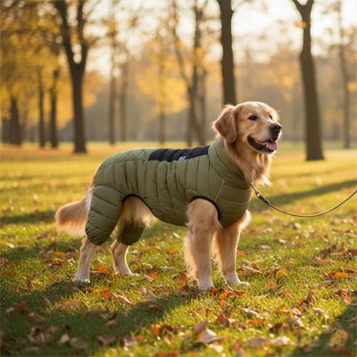 golden retriever portant Manteau pour Chien vert sur pelouse en automne