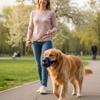 golden retriever portant Muselière pour chien​ bleue marche en laisse avec jeune dame
