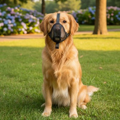 golden retriever portant Muselière pour chien​ est assis sur pelouse dans un parc