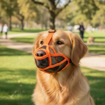 golden retriever portant Muselière pour chien​ est dans parc