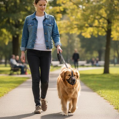 golden retriever portant Muselière pour chien​ marche en laisse dans un parc avec dame