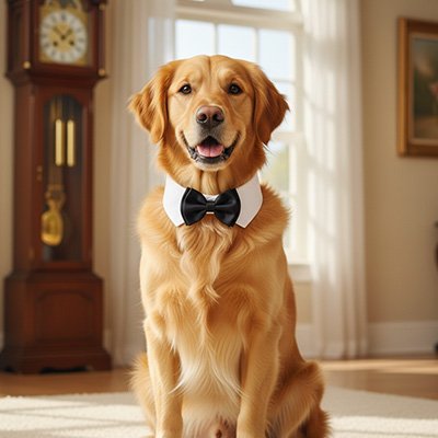 golden retriever portant noeud papillon pour chien est assis près de fenêtre
