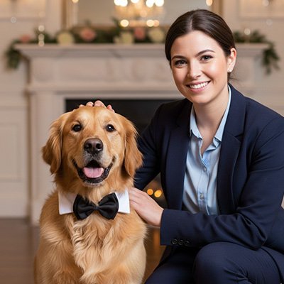 golden retriever portant noeud papillon pour chien est assis près de jeune femme