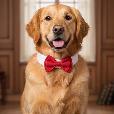 golden retriever portant noeud papillon pour chien est assis sur sol