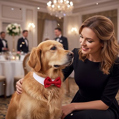 golden retriever portant noeud papillon pour chien rouge est assis près de jeune femme