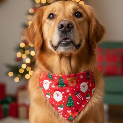golden retriever porte Bandana pour Chien près de arbre de noël