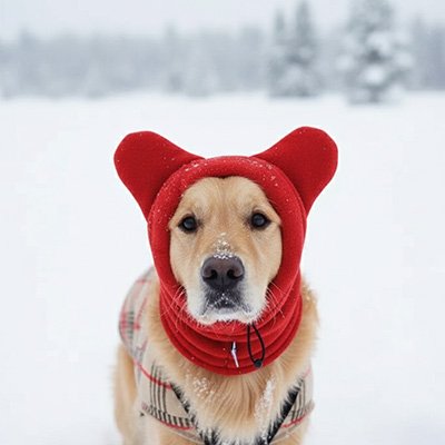 golden retriever porte Bonnet pour chien dans neige
