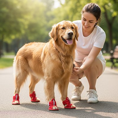 golden retriever porte Chaussures chien sur un sentier de parc avec femme