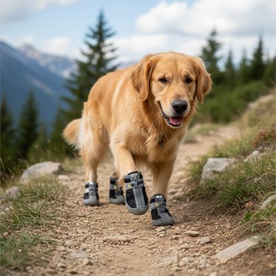 golden retriever porte Chaussures pour chien en montagne