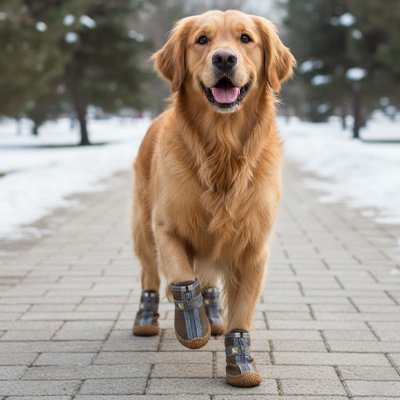 golden retriever porte Chaussures pour chien sur sentier hivernal