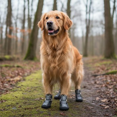 golden retriever porte Chaussures pour chien sur terrains boueux