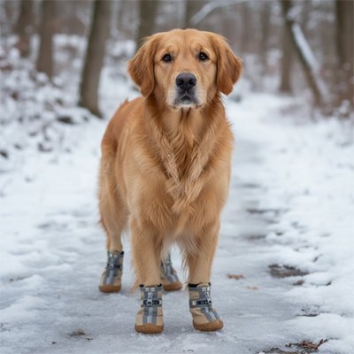 golden retriever porte Chaussures sur sentier enneigé