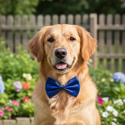 golden retriever porte collier noeud papillon chien assis dans jardin