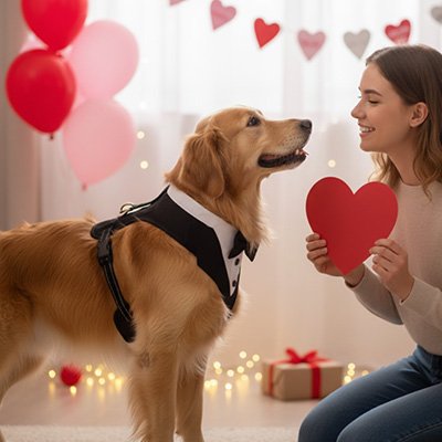 golden retriever porte Harnais chien à une fête de saint valentin avec jeune fille qui tient une coeur dans ses mains