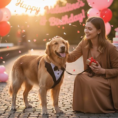 golden retriever porte Harnais chien à une fête de saint valentin avec dame accroupie qui le caresse