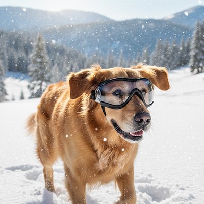 golden retriever porte Lunettes pour chien dans neige en hiver