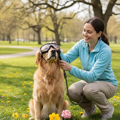 golden retriever porte Lunettes pour chien dans parc avec dame