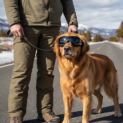 golden retriever porte Lunettes pour chien sur route en hiver