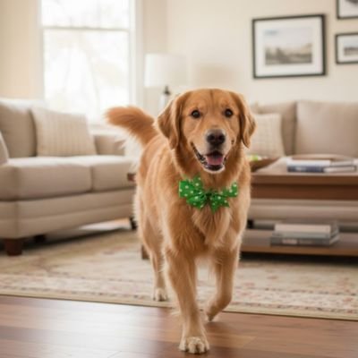 golden retriever porte Noeud papillon chien vert dans salon