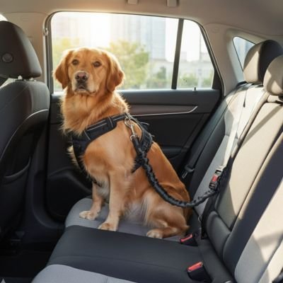 golden retriever retenu par Ceinture de sécurité pour chien sur banquette arrière