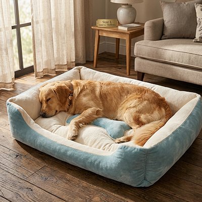 golden retriver dort dans Panier Chien au sol