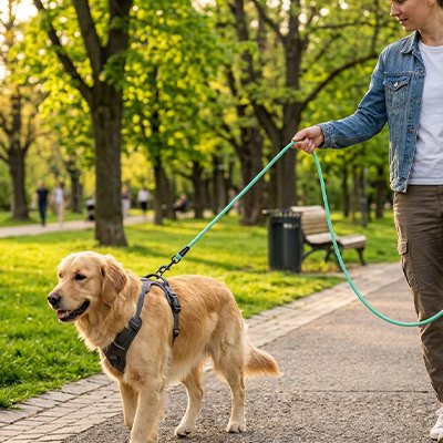 golden retriver en Laisse Chien marche avec homme