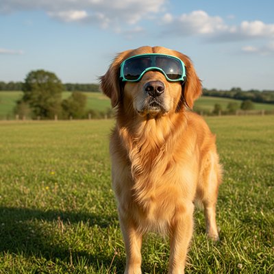golden retriver porte Lunette pour chien dans pré