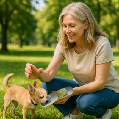 chihuahua boit dans la gourde pour chien dans la main de femme dans un parc