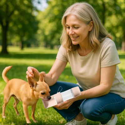 chihuahua boit dans la gourde pour chien dans la main de femme dans un parc
