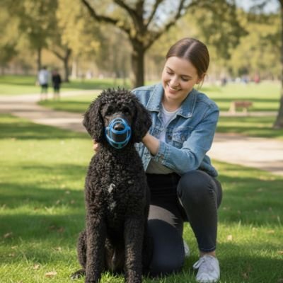 grand caniche noir portant Muselière pour chien​ est assis dans parc avec dame