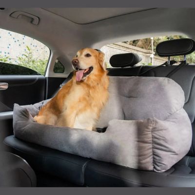 golden-retriever-assis-dans-grand-panier-gris-pale-sur-banquette-arriere-noir-de-vehicule