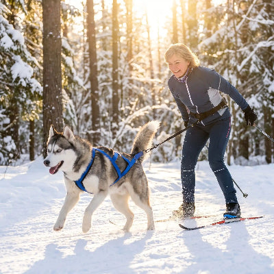 husky portant harnais canicross est en forêt avec dame qui fait ski de fond derrière lui attaché avec laisse
