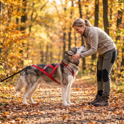 husky portant harnais canicross est en forêt avec dame en automne