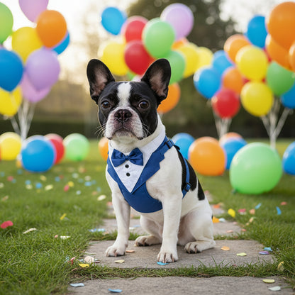 terrier boston porte harnais chien assis sur ciment entouré de ballons