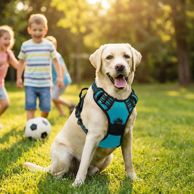 labrador beige porte harnais chien bleu dans parc avec enfants qui jouent au ballon